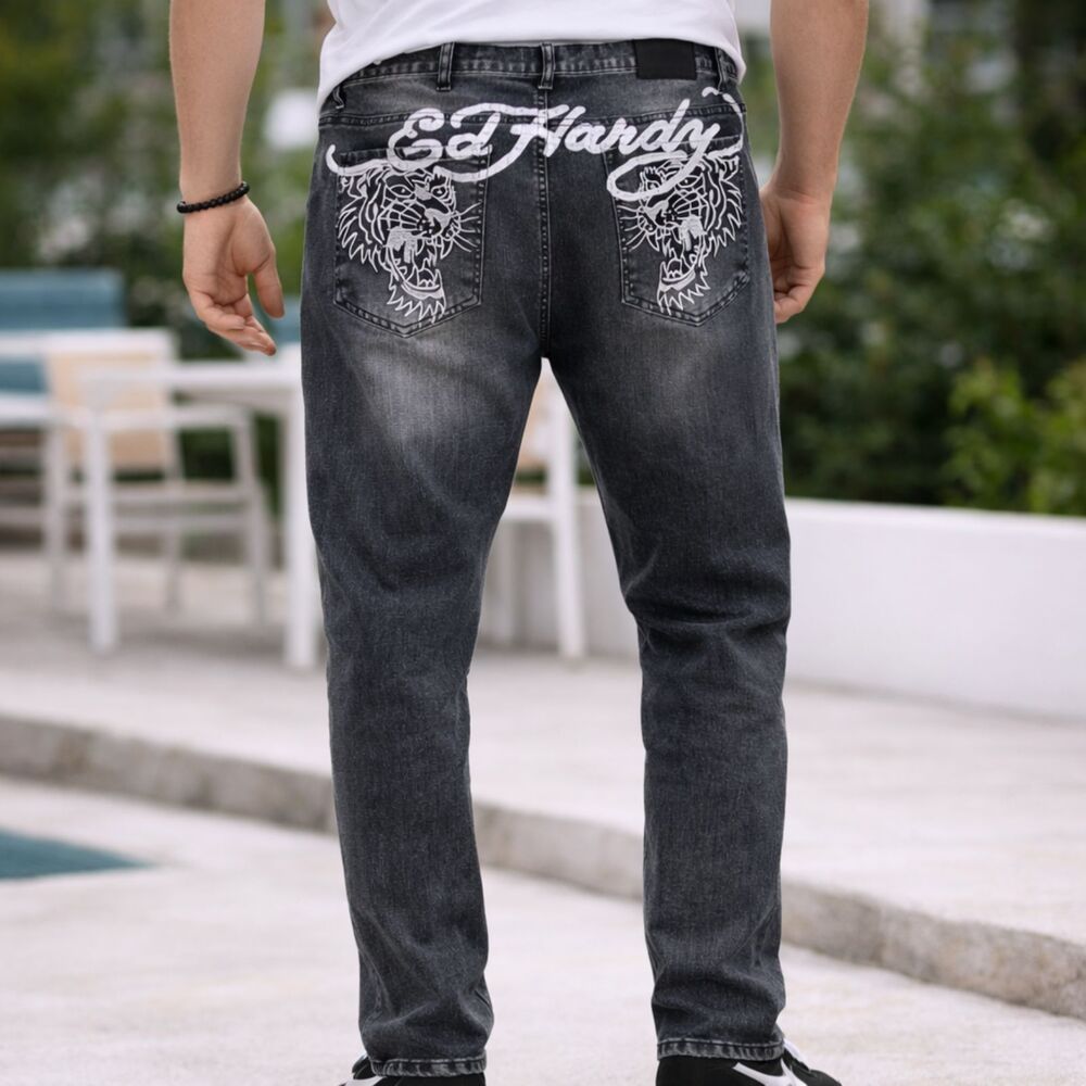 Ed Hardy Embroidered Tiger Head Y2K Streetwear Slim Taper Jeans Blac 42